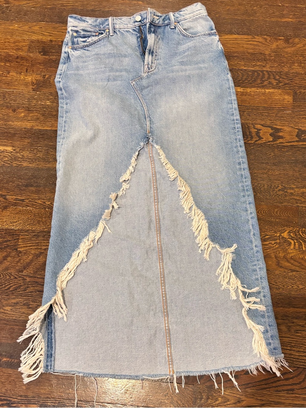 MOTHER Light Blue Frayed Front-Slit Denim Maxi Skirt